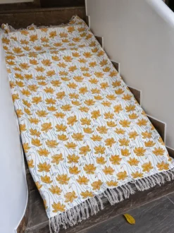 Mustard Lotus Block Printed Cotton Dhurrie Rug