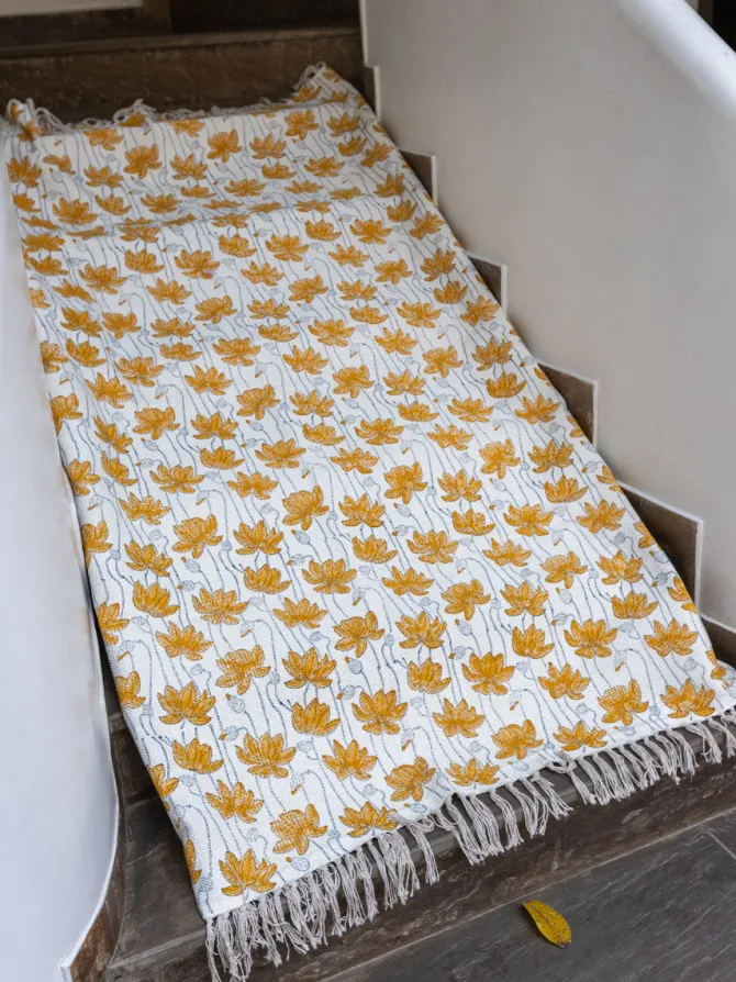 Mustard Lotus Block Printed Cotton Dhurrie Rug