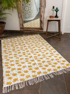 Mustard Lotus Block Printed Cotton Dhurrie Rug