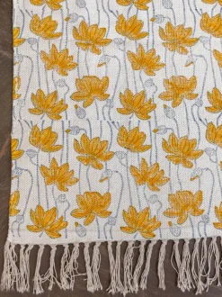 Mustard Lotus Block Printed Cotton Dhurrie Rug