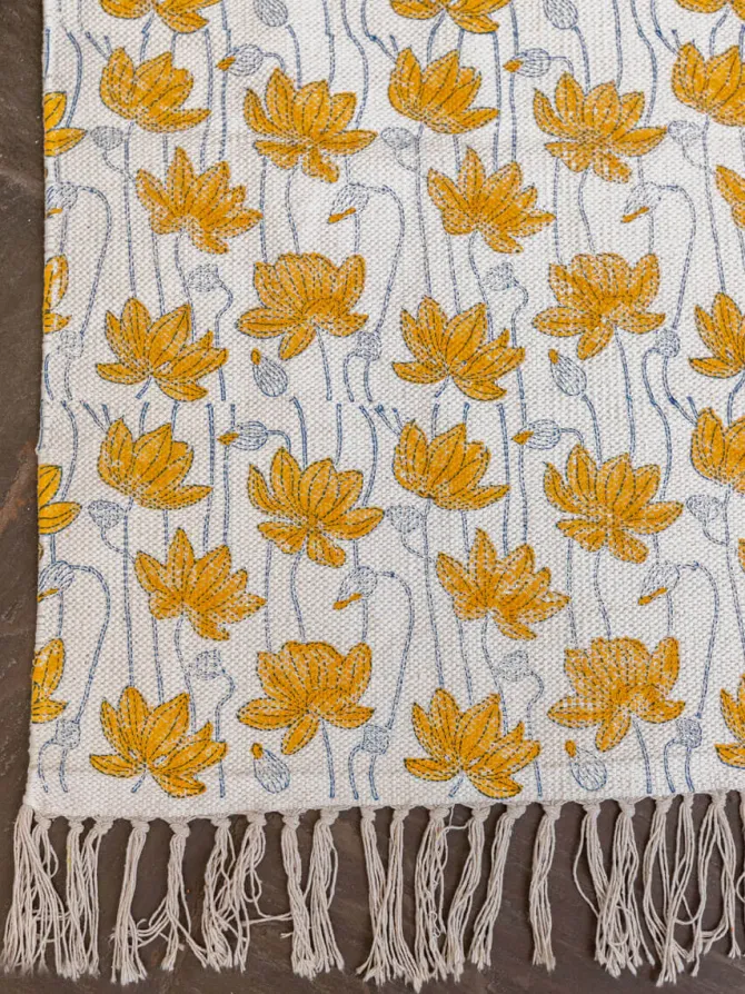 Mustard Lotus Block Printed Cotton Dhurrie Rug