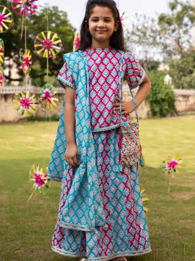 Naaz Block Printed Cotton Silk Lehanga Set of 4