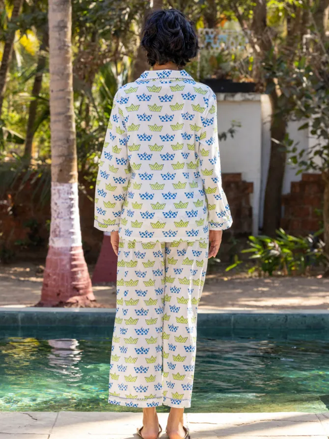 Navy Hand Block Printed Cotton Pyjama Set