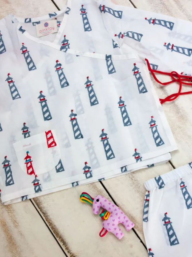 Ocean Breeze Organic Cotton Block Printed Angrakha Set