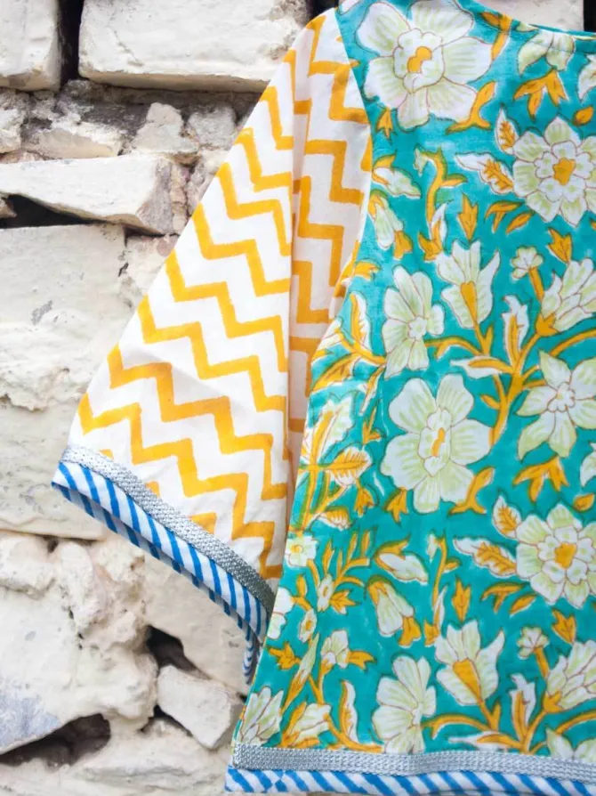 Ocean Wave Chevron Block Printed Cotton Lehanga Set of 4