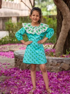 Parakeet Everyday Organic Cotton Block Printed Teacup Collar Dress