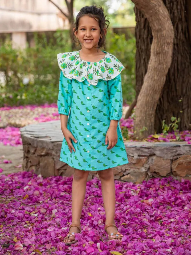 Parakeet Everyday Organic Cotton Block Printed Teacup Collar Dress