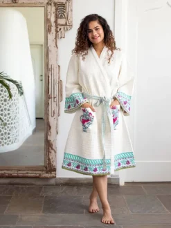 Pinar Waffle Block Printed Cotton Bath Robe