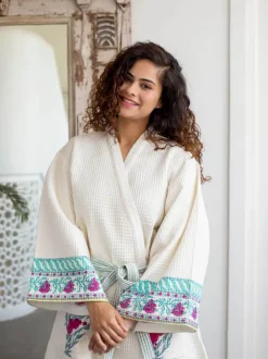 Pinar Waffle Block Printed Cotton Bath Robe