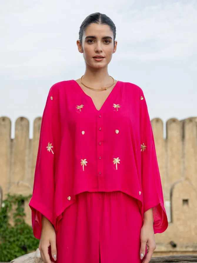 Pink Embroidered Modal Poncho Top