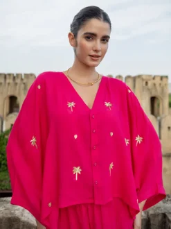Pink Embroidered Modal Poncho Top