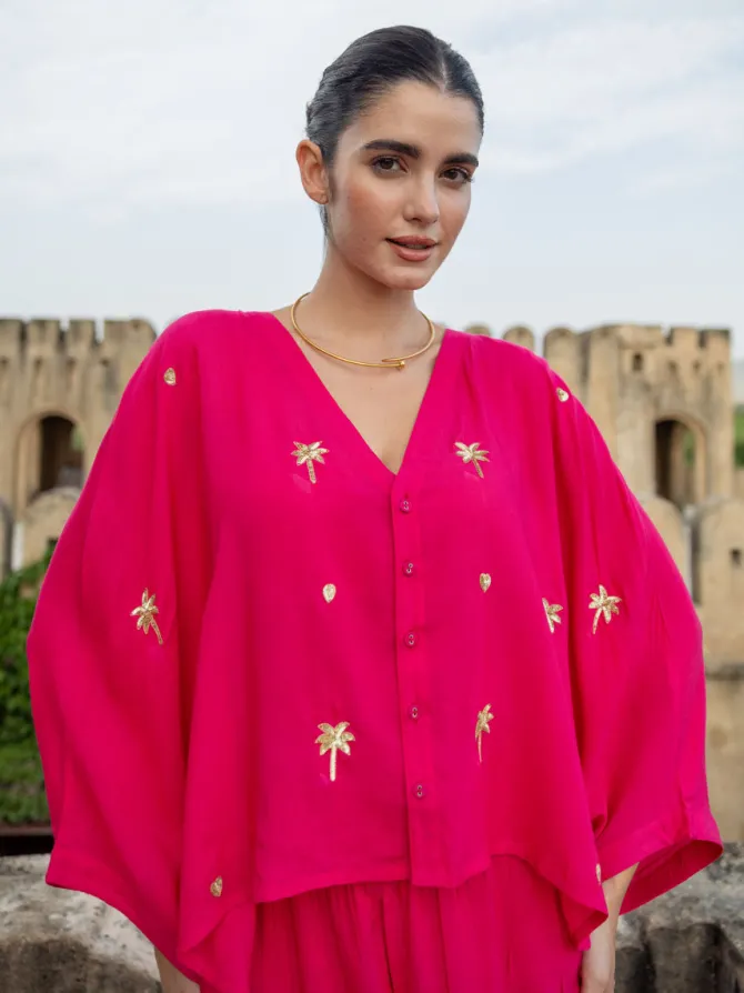 Pink Embroidered Modal Poncho Top