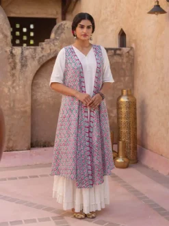 Pink Floral Block Printed Modal Silk Cape