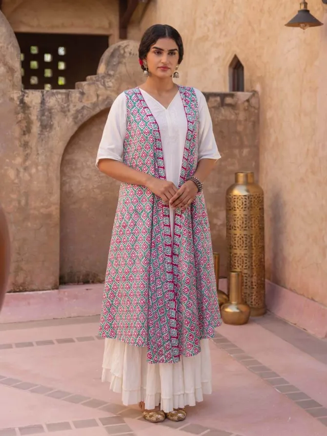 Pink Floral Block Printed Modal Silk Cape