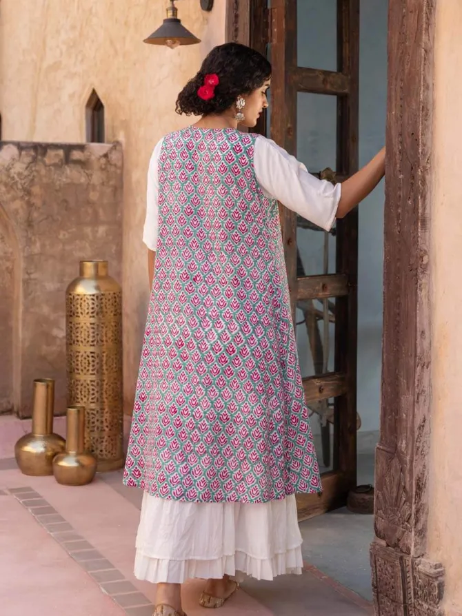 Pink Floral Block Printed Modal Silk Cape