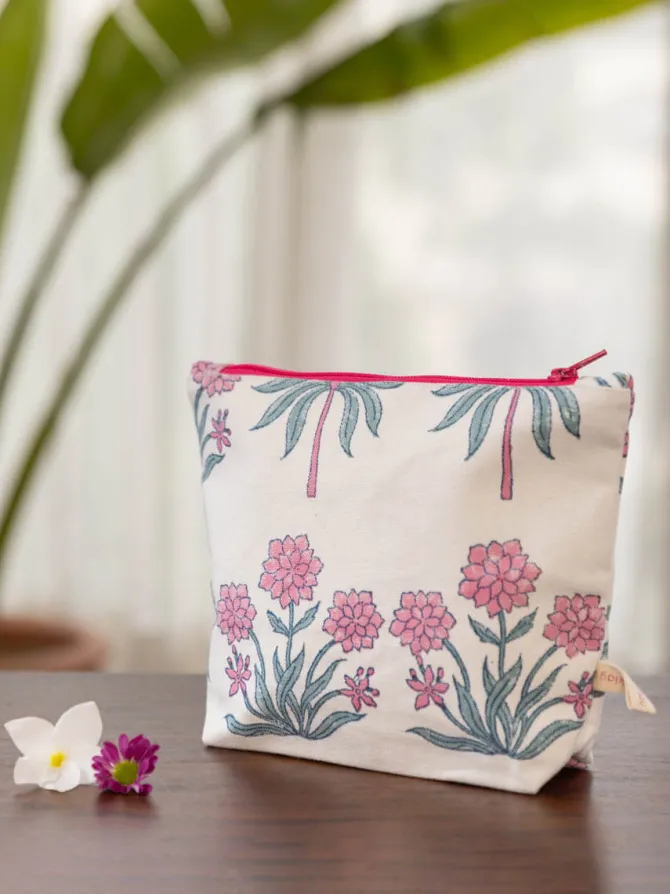 Pink Garden Cotton Travel Pouch