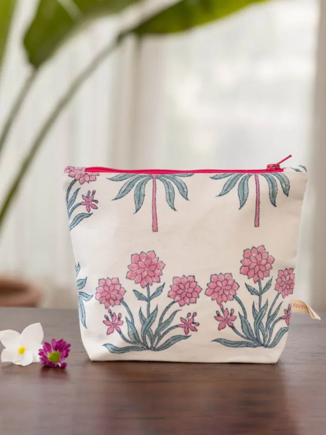 Pink Garden Cotton Travel Pouch