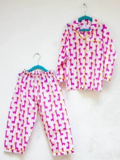 Pink Giraffe Block Printed Cotton Top & Pyjama Set