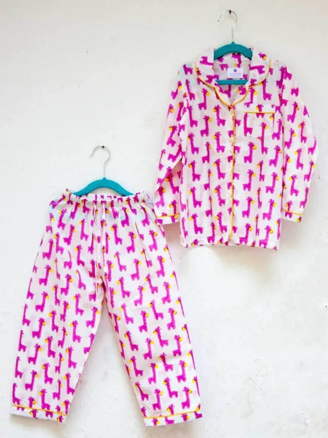 Pink Giraffe Block Printed Cotton Top & Pyjama Set
