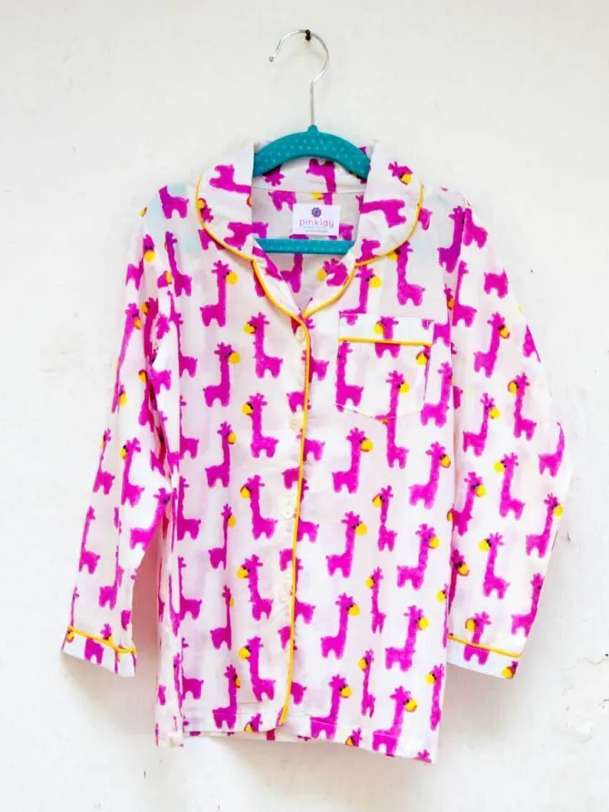 Pink Giraffe Block Printed Cotton Top & Pyjama Set