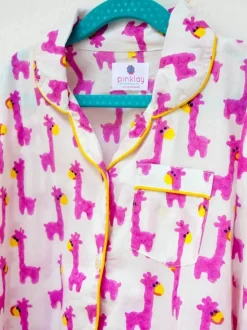 Pink Giraffe Block Printed Cotton Top & Pyjama Set