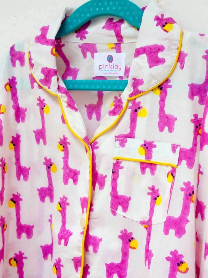 Pink Giraffe Block Printed Cotton Top & Pyjama Set