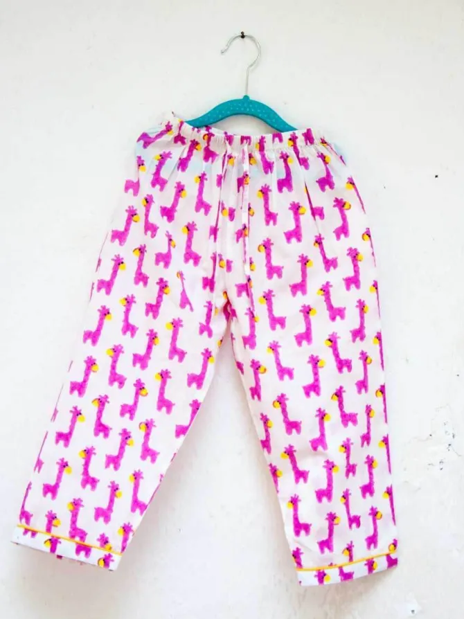 Pink Giraffe Block Printed Cotton Top & Pyjama Set