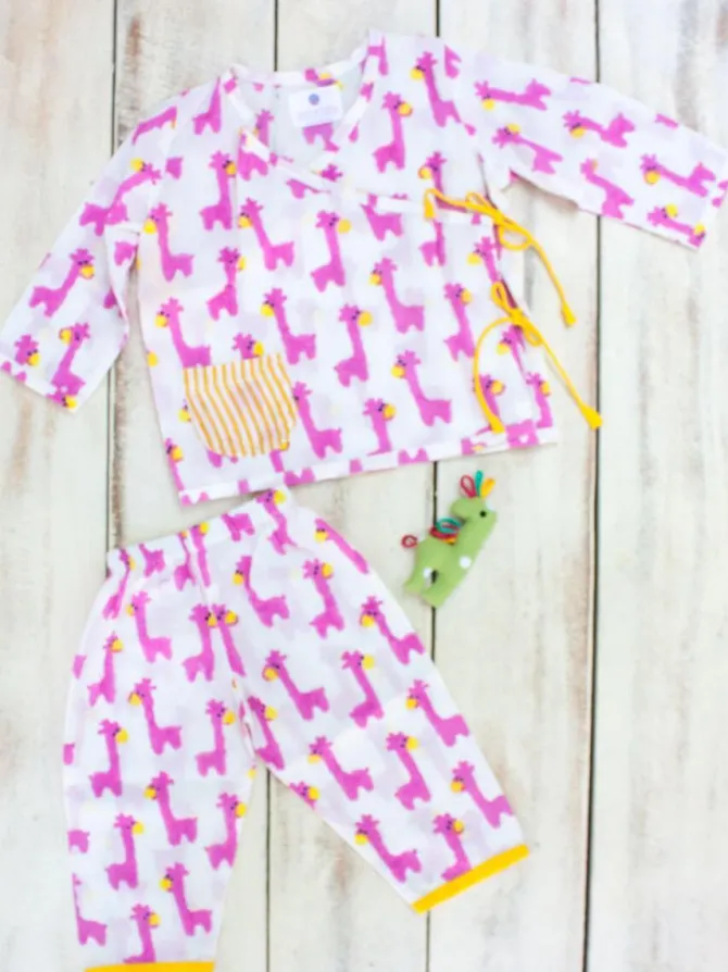 Pink Giraffe Organic Cotton Block Printed Angrakha Set