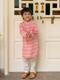 Pink Ikat Organic Cotton Block Printed Long Kurta