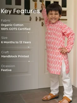 Pink Ikat Organic Cotton Block Printed Long Kurta