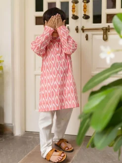 Pink Ikat Organic Cotton Block Printed Long Kurta