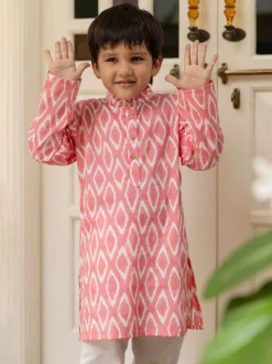 Pink Ikat Organic Cotton Block Printed Long Kurta