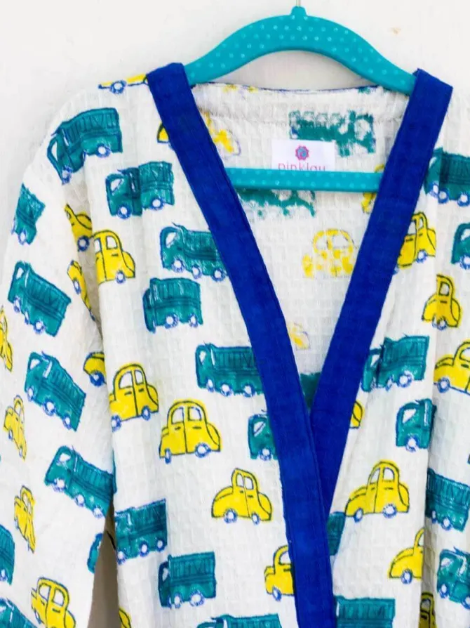 Power Wheels Block Printed Waffle Cotton Bath Robe