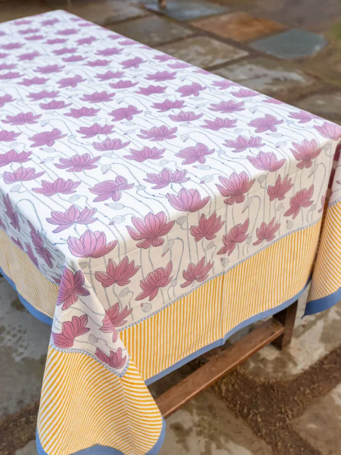 Purple Lotus Block Printed Cotton Table Cover
