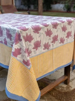 Purple Lotus Block Printed Cotton Table Cover