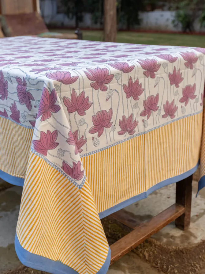Purple Lotus Block Printed Cotton Table Cover