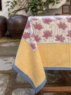 Purple Lotus Block Printed Cotton Table Cover