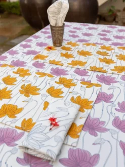 Purple Lotus Block Printed Cotton Table Cover