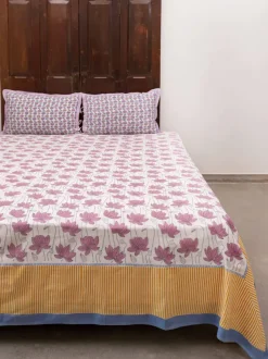 Purple Lotus Hand Block Printed Cotton Bed Sheet