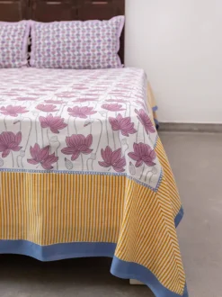 Purple Lotus Hand Block Printed Cotton Bed Sheet