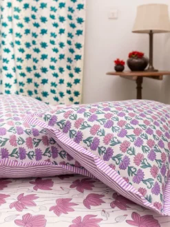 Purple Lotus Hand Block Printed Cotton Bed Sheet