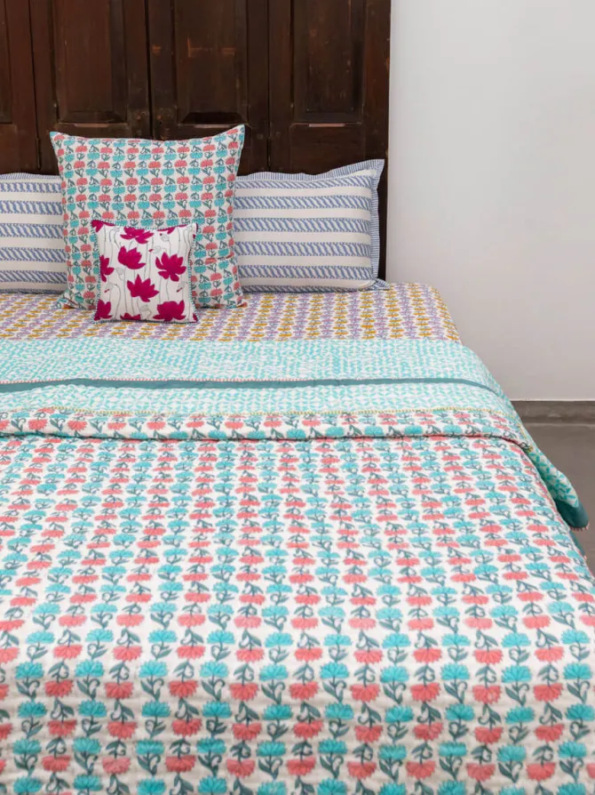 Sacred Lotus Block Printed Cotton Quilt