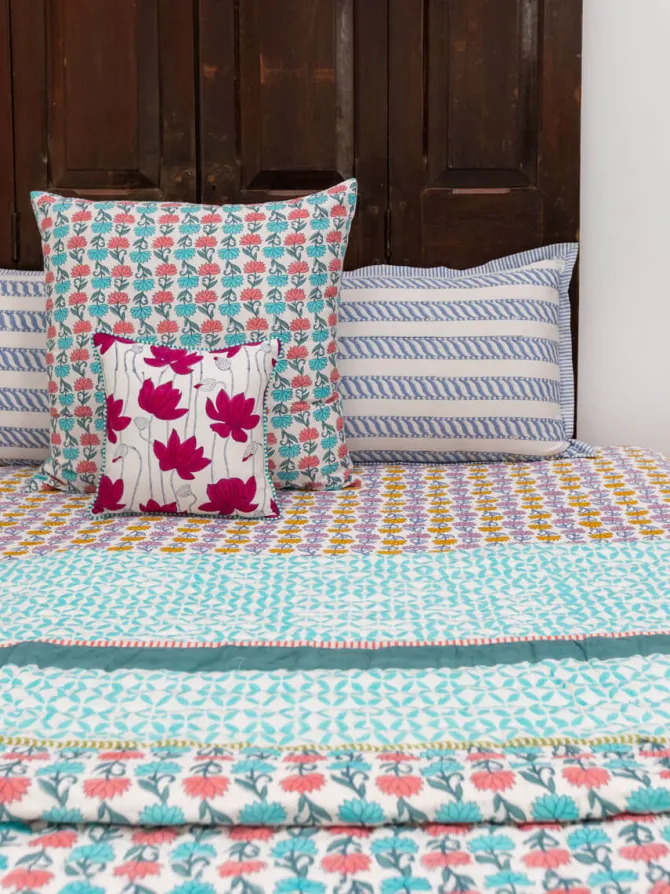 Sacred Lotus Block Printed Cotton Quilt