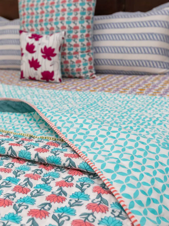 Sacred Lotus Block Printed Cotton Quilt