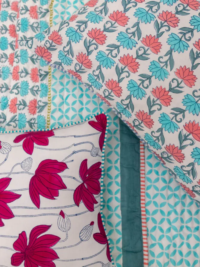 Sacred Lotus Block Printed Cotton Quilt