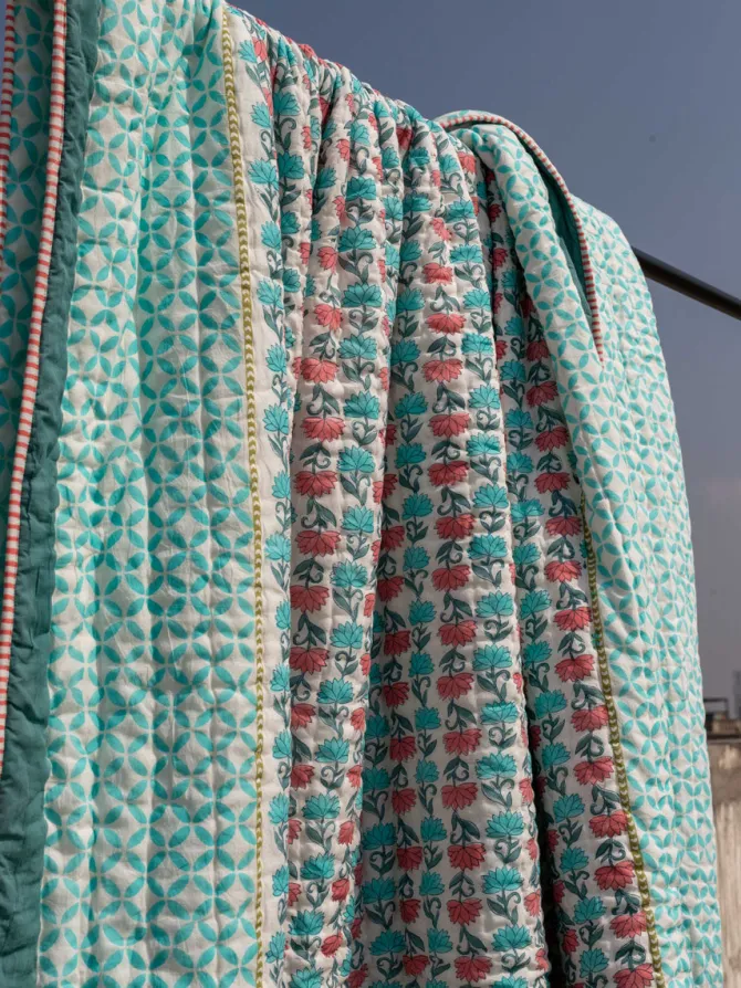 Sacred Lotus Block Printed Cotton Quilt