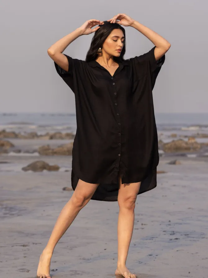Sajdaa Black Oversized Asymmetrical Long Shirt