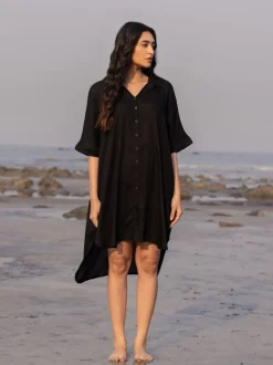 Sajdaa Black Oversized Asymmetrical Long Shirt