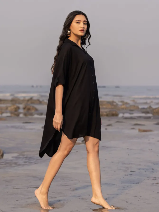 Sajdaa Black Oversized Asymmetrical Long Shirt