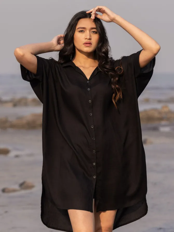 Sajdaa Black Oversized Asymmetrical Long Shirt